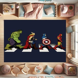 Superhero Rug, Kids Room Decor, Hulk Thor Captain America Iron Man, Abbey Road Inspired Mat, Boys Bedroom Rug, Playroom Rug,Comic Book Decor