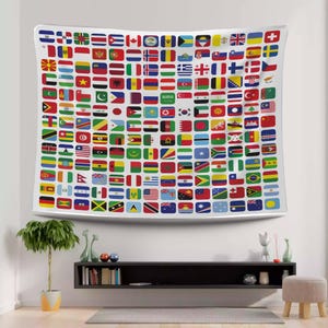 World Flags Art, Country Flags Map, Flag Wall Decor, Kids Room Tapestry, Classroom Flag Art, Educational Poster, Global Flag Chart