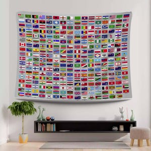 Wall Hangings World Flags, Global Decor, Flag Tapestry, Map Art, Travel Wall, Colorful Flags, Country Art, Flags Poster, Nations Flags