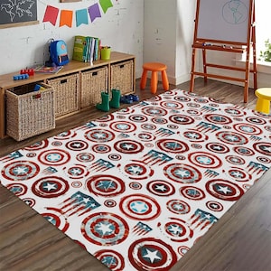 Captain America Rug, Superhero Carpet, Comics Decor, Avengers Themed Mat, Kids Room Rug, Geek Home Decor, Shield Pattern, USA Flag