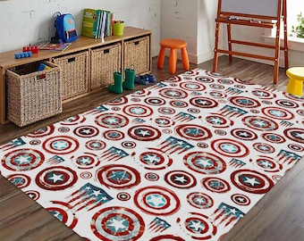 Captain America Rug, Superhero Carpet, Comics Decor, Avengers Themed Mat, Kids Room Rug, Geek Home Decor, Shield Pattern, USA Flag