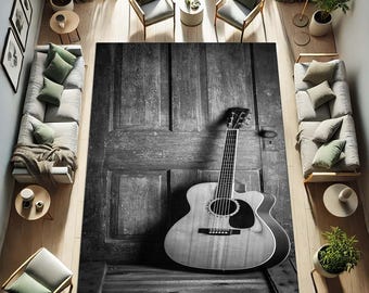 Gitaartapijt, decor muziekliefhebber, akoestisch tapijt, vintage gitaartapijt, rustiek tapijt voor muziekkamer, artistiek instrumententapijt, tapijt met muziekthema