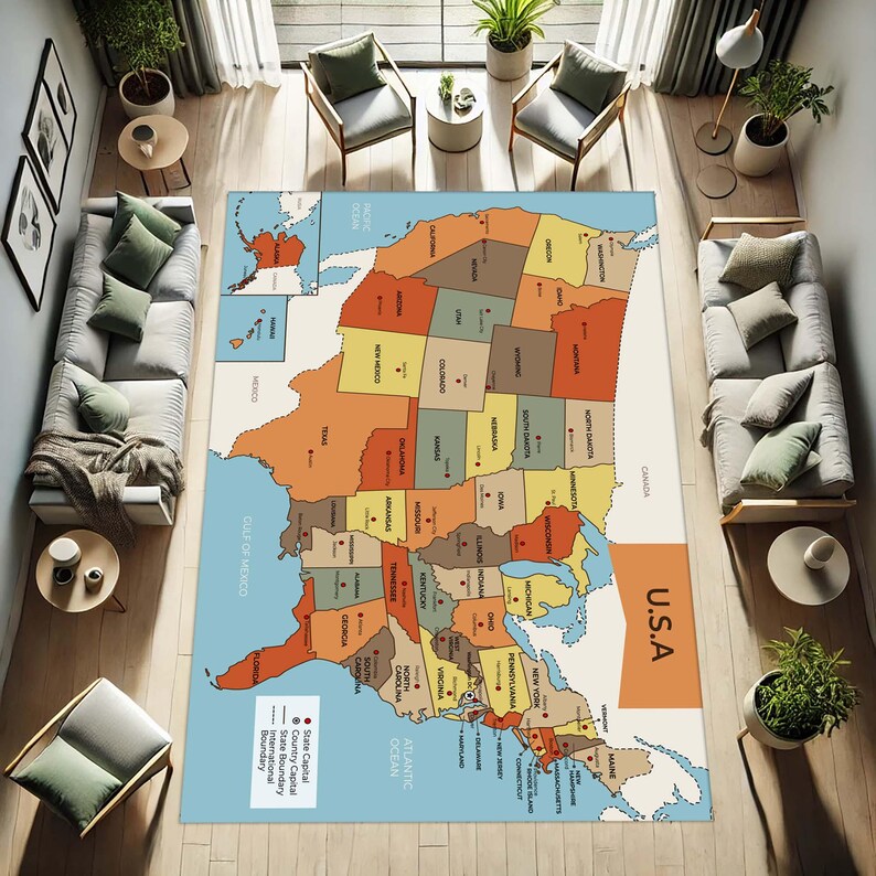 USA Map Rug, Educational Carpet, Geography Learning Mat, United States ...