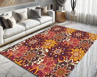 Boho blommig matta, mandala-stil, färgglatt vardagsrum, etniskt mönstergolvmatta, indiskinspirerad inredning, livfull konstmatta, unik heminredning