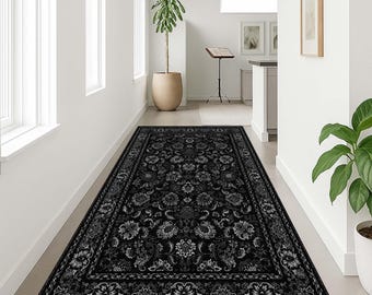 Classic Hallway Rug, Elegant Vintage Style Rug, Dark Gothic Floral Rug, Long Corridor Rug, Oriental Runner, Entryway Traditional Black Rug