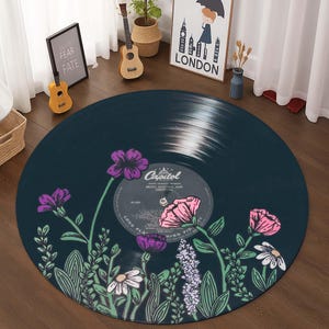 Vinyl Record Rug, Music Flower Mat, Retro Round Carpet, Boho Music Decor, Floral Vinyl Art, Music Lover Gift, Botanical Record Mat