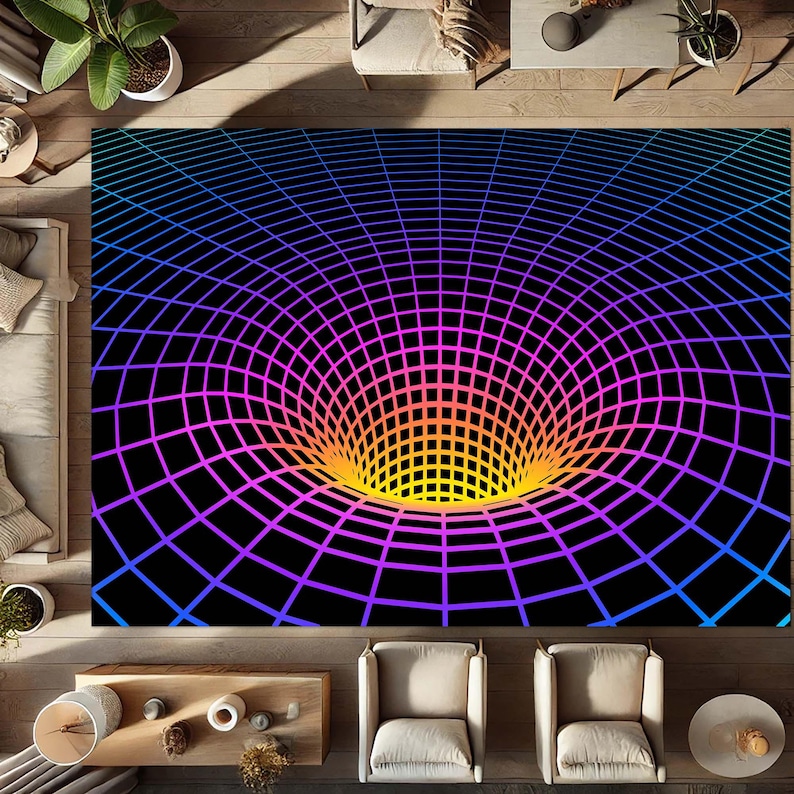 May include: A large, rectangular rug featuring a vibrant, geometric design. The rug showcases a black background with a grid pattern that transitions from blue to purple, orange, and yellow, creating a 3D effect.