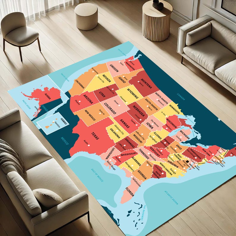 USA Map Rug Kids Learning Map Art Classroom Geography Decor Etsy