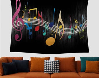 Muziek wandtapijt, notities muzikaal decor cadeau, kamer muziekliefhebber, solsleutel kunst, cadeau muziekleraar, studio muur decor, poster muziekkamer