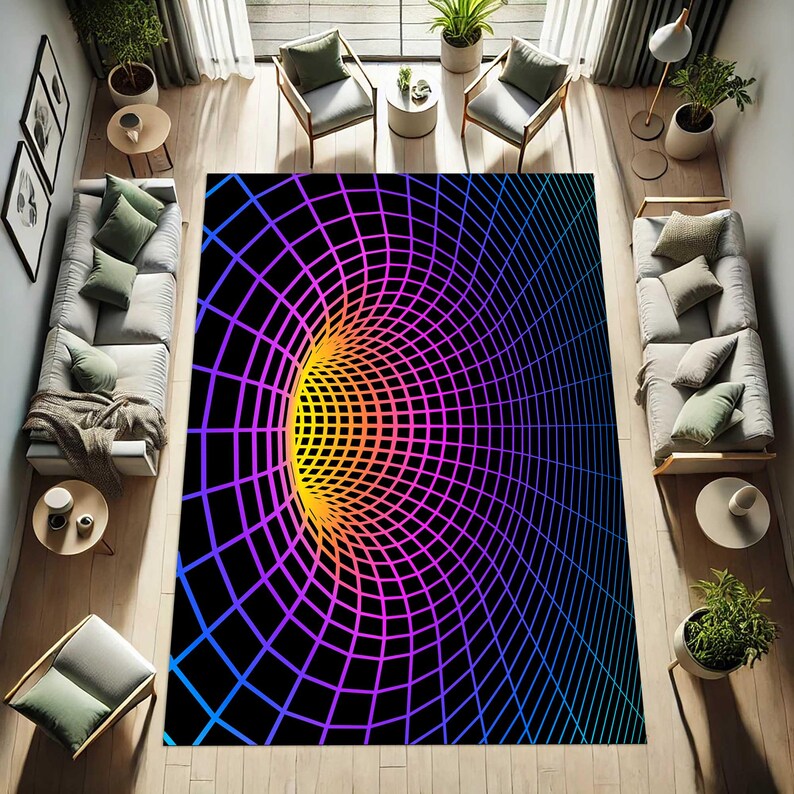 May include: A large area rug with a black background and a vibrant, colorful, geometric design. The design features a tunnel-like pattern with a gradient of colors, including yellow, orange, pink, purple, and blue, creating a 3D effect.