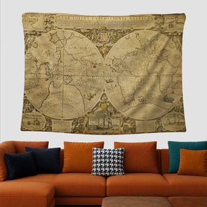 Vintage Map Tapestry, Old World Decor, Antique Wall Art, Retro Map Poster, History Wall Map, Nautical Style Art, Rustic Decor,Earth Map Wall