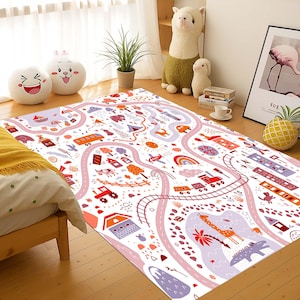 Kids Rug, Playroom Decor, Kids Carpet, Colorful Rug, Toy Train Mat, Fun Design, Childrens Room, Adventure Rug, Play Mat, Educational Rug