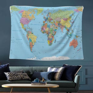 World Map Tapestry, Large Wall Decor, Educational Poster, Geography Room Decor, Dorm Wall Art, Colorful Tapestry, Map Classroom Tapestry