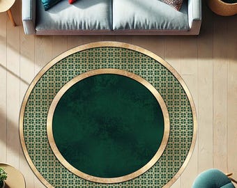 Green Circle Floor Rug, Elegant Geometric Round Mat, Luxury Living Room Rug, Gold Border Rug, Cozy Home Round Rug, Contemporary Style Mat