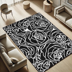 Tapis roses noires, tapis à fleurs, tapis monochrome, motif floral audacieux, motif de roses abstrait tendance, décoration d'intérieur contemporaine, tapis artistique