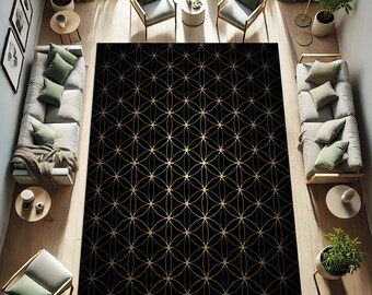 May include: A large black area rug with a repeating gold geometric pattern. The rug is the focal point of a living room setting, surrounded by furniture and decor. The pattern consists of overlapping circles.
