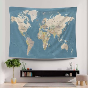 Tapisserie carte du monde, art éducatif pour salle d'étude de géographie, art mural de bureau, décoration murale carte, tapisserie vue d'ensemble de la carte, tenture murale terre