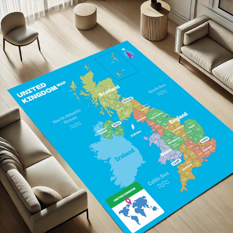 UK Map Rug, Britain Regions Map Carpet, Geography Decor - Etsy