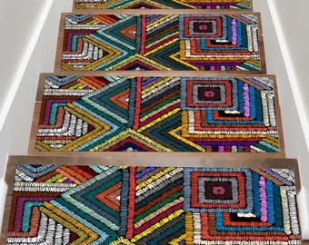Boho Stair Rug, Tribal Step Mat, Ethnic Rug Decor, Colorful Stair Pad, Aztec Carpet, Rainbow Step Cover, Tribal Style, Bohemian Stairs Rug
