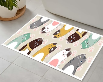 Cat Print Bathroom Rug: Velvet Kitty Bath Mat, Non-Slip Faux Leather