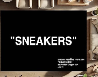 Sneaker Rug, Hypebeast Decor, Street Style Carpet, Modern Black Area Rug, Minimalist Typography Rug, Teen Boy Room Rug, Urban Decor Mat