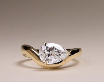 Fede nuziale con solitario di diamante ecologico, anello di fidanzamento curvo con diamante taglio a pera per donna, anello per regalo per la festa della mamma con fascia intrecciata