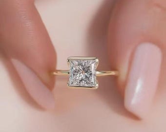 Princess Cut Moissanite Diamond Solitaire Wedding Ring With Half Bezel Set V-Shank Diamond Engagement Ring Anniversary Ring for Her