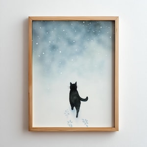 Black Cat in Snow Print Wall Art Winter Forest Poster Cozy Feline Christmas Decor Moody Animal Poster Digital Download Artwork Minimal