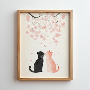 Two Cats With Cherry Blossoms Print Cute Japanese Poster Sakura Watercolor Flower Art Printable Feline Illustration for Spring Home Decor