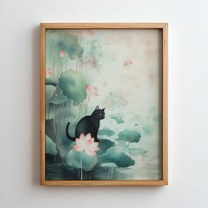 Schwarze Katze am Teich Lotus Japanisches Aquarell Sommer Kunst Serene Feline druckbare Wand-Dekor-Geschenk für Katzenmama