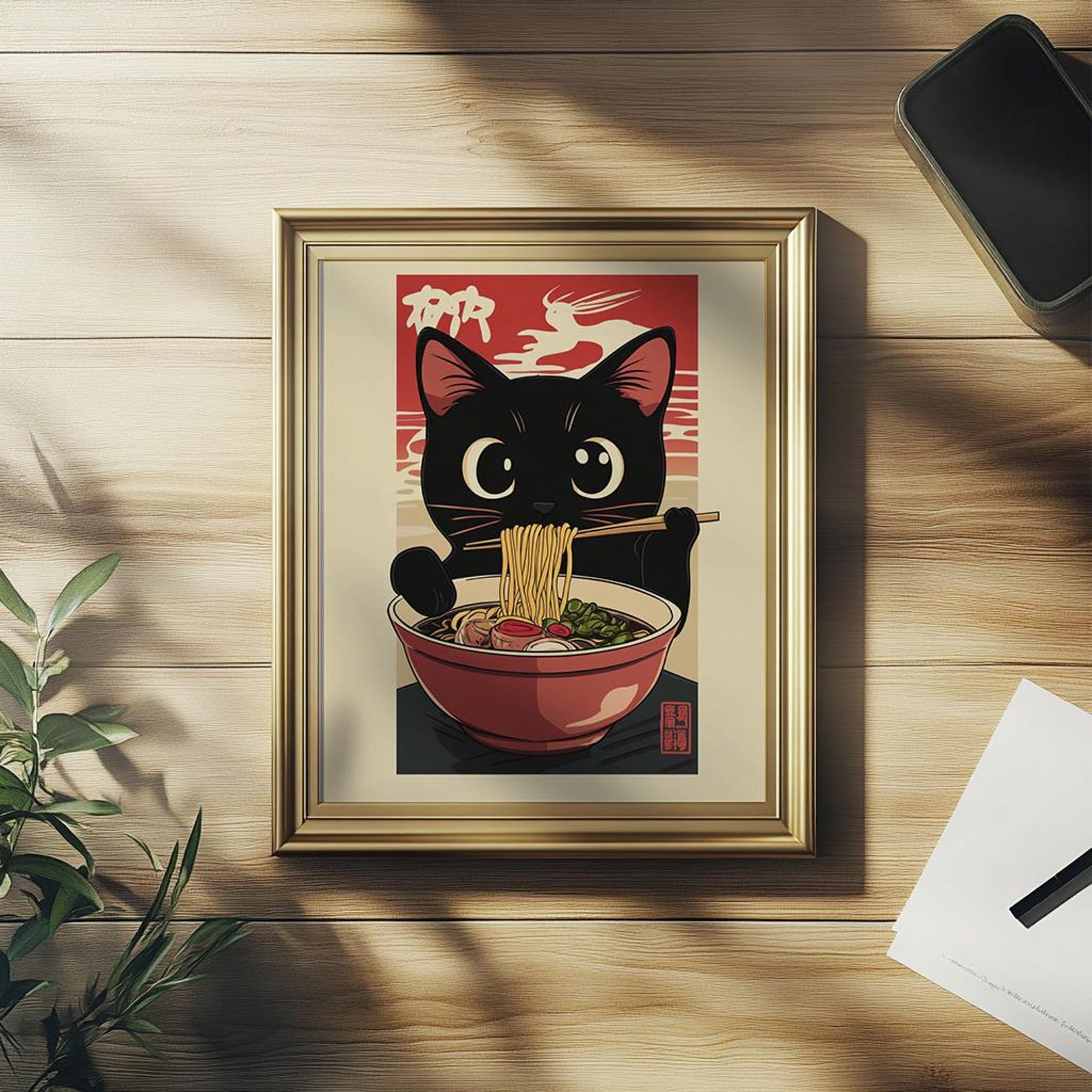 Black Cat Ramen Print Poster Noodles Hungry Cat Kitchen Wall Art ...