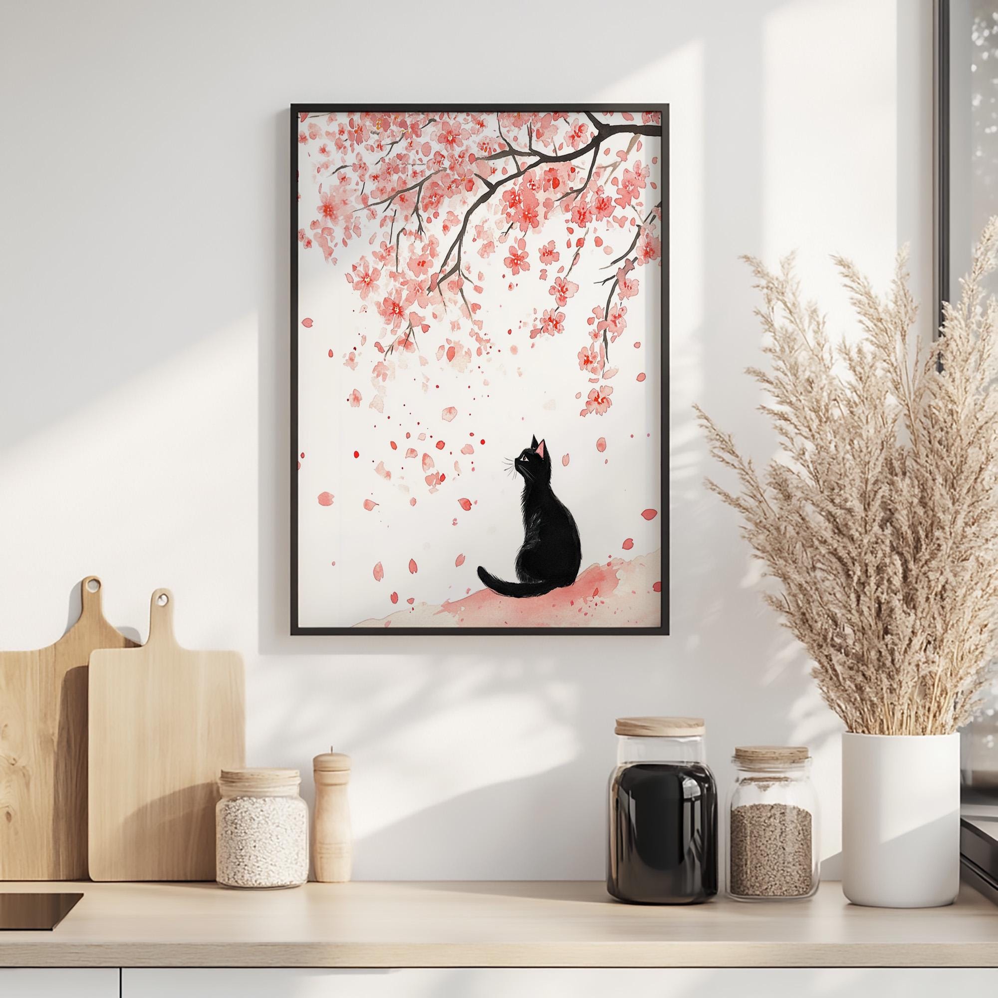 Black Cat Cherry Blossom Print: Japanese Watercolor Art (digital
