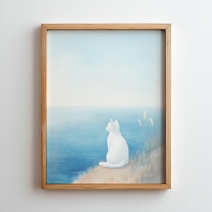 White Cat And Ocean Print Watercolor Poster Cat Owner Gift Trendy Wall Decor Minimalist Sea Art Beach House Decor