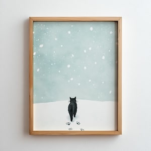 Black Cat in Snow Print Wall Art Winter Forest Poster Cozy Feline Christmas Decor Moody Animal Poster Digital Download Artwork Minimal