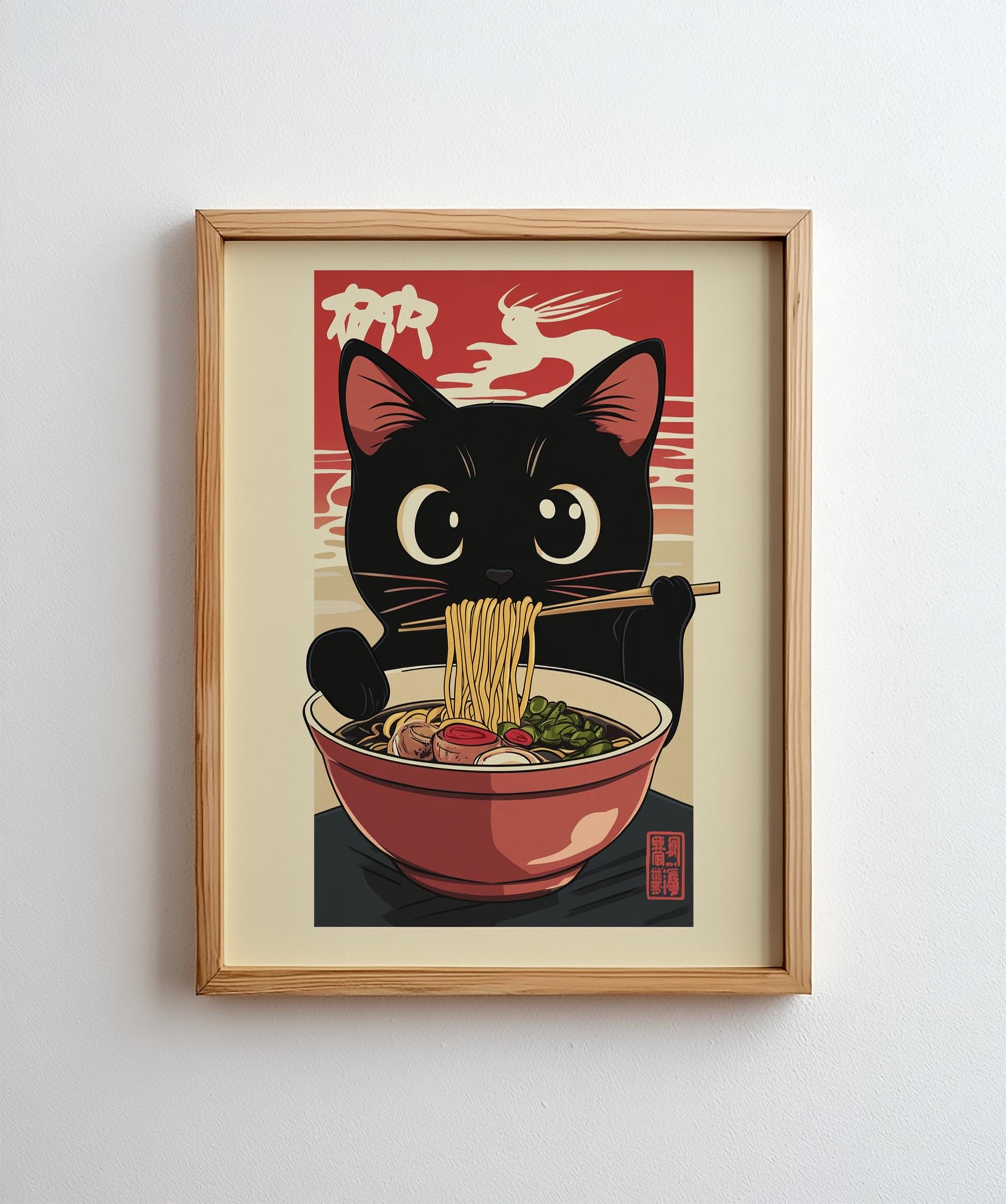 Black Cat Ramen Print Poster Noodles Hungry Cat Kitchen Wall Art ...