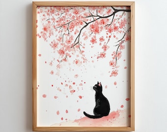Black Cat Cherry Blossom Print: Japanese Watercolor Art (Digital Download)