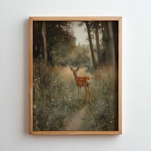 Vintage Hirsch Skizze Rustikale Malerei Mann Höhle Dekor Natur Wand Kunst Neutral Kindergarten Kunst Wald Landschaft Zeichnung Jagd Kunst Cabin Decor