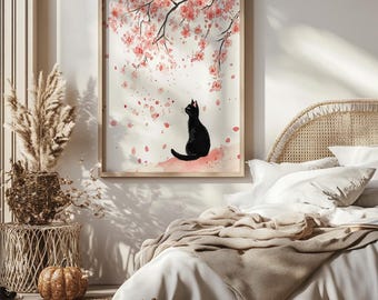 Black Cat Cherry Blossom Print: Japanese Watercolor Art (digital