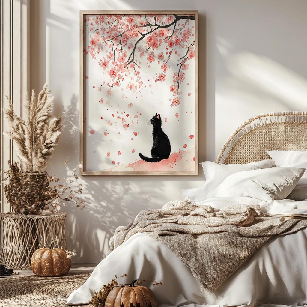 Black Cat Cherry Blossom Print: Japanese Watercolor Art (digital