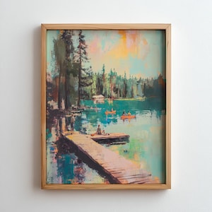 Summer Lake Scene Vintage Oil Painting Art Print  Lake Art for Cabin Wall Décor Canoeing  Swimming Memories  Instant Download