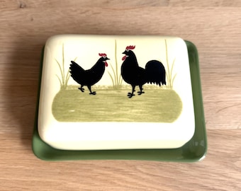 Zeller Faience Lidded Butterdish: Hand-Painted Rooster Hen Decor