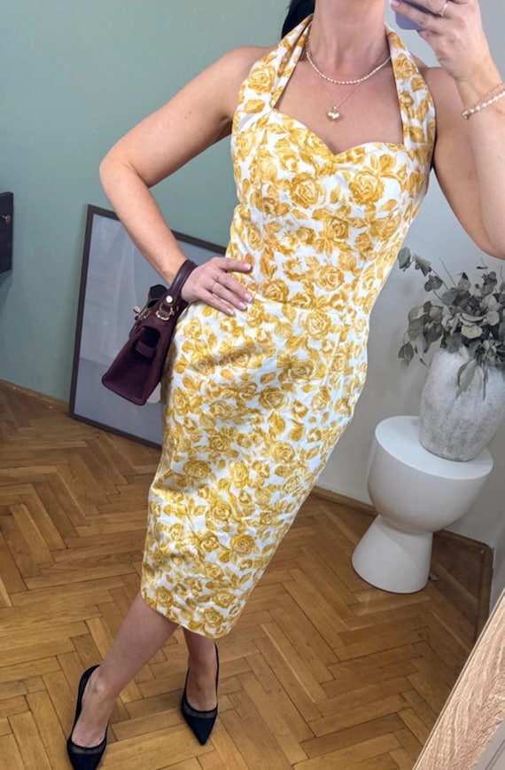 halter neck wiggle dress Vivien of Holloway 50s S/M | Yellow Rose Midi | Pin up Bombshell Pencil dress