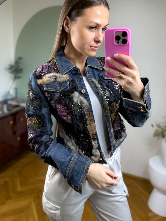 Unique Boho Denim Jacket Handmade Patchwork Sequi… - image 2