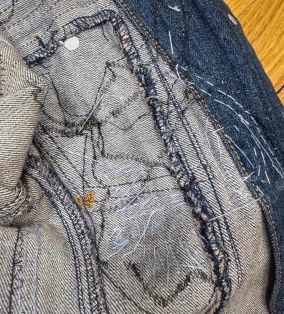 Unique Boho Denim Jacket Handmade Patchwork Sequi… - image 7