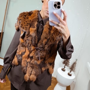 Vintage Rabbit Fur Patchwork Vest | 70s Boho Hippie Gilet | Brown Real Fur Leather Detail | Statement Piece M/L