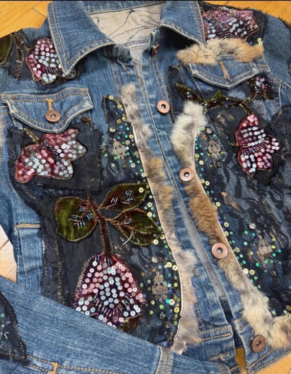 Unique Boho Denim Jacket Handmade Patchwork Sequi… - image 9