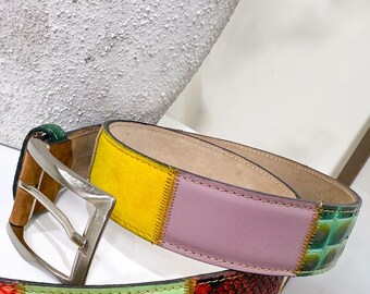 Vintage Patchwork Leather Belt Multicolor Boho Italian Handmade Genuine Leather