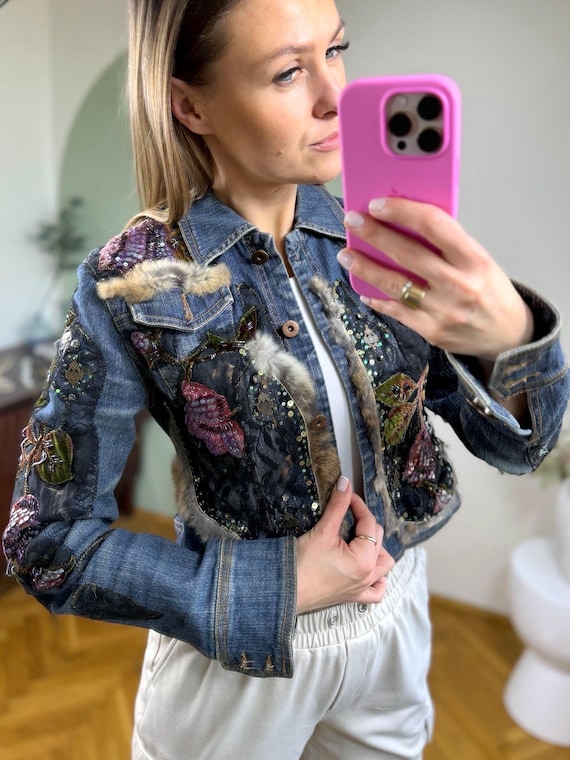 Unique Boho Denim Jacket Handmade Patchwork Sequi… - image 1