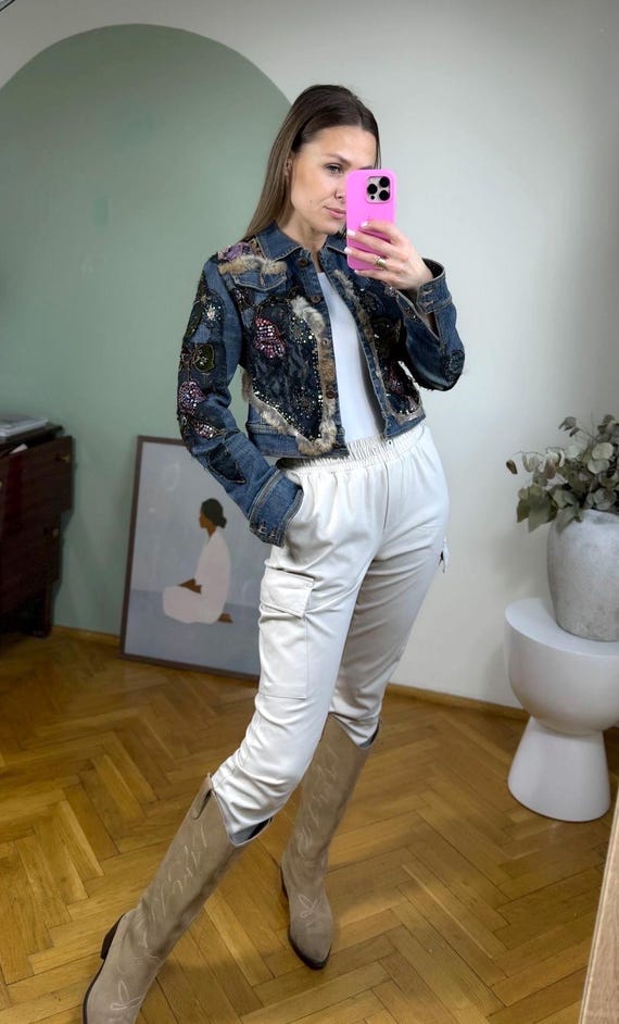Unique Boho Denim Jacket Handmade Patchwork Sequi… - image 3