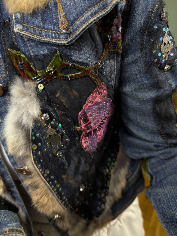 Unique Boho Denim Jacket Handmade Patchwork Sequi… - image 6